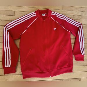 Adidas Warmup Track Jacket in Red Heavy Jersey material Ladies Large Gently Used